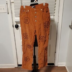 Minga London Rust Brown Corduroy Wide Leg Pants with Floral Embroidery